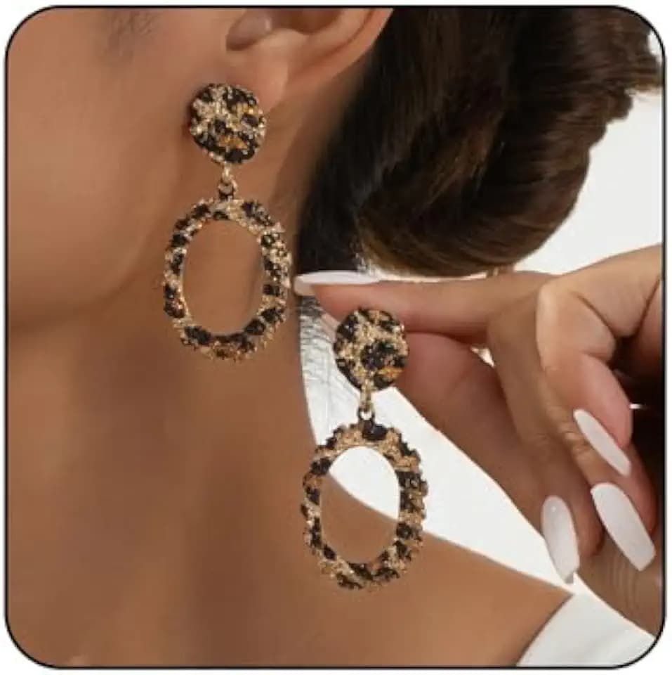 Leopard Print Earrings for Women Brown Geometry Teardrop Drop Dangle Earrings Personalized Long Rhombus Fringe Leopard Print Earrings Vintage Irregular Geometric Statement Earrings Fashion Party Jewelry