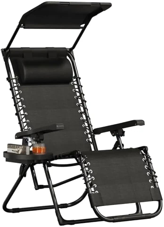 Yaheetech Liegestuhl Klappbar mit Sonnendach, Verstellbar 90-160° | Sonnenliege mit Getränkehalter & Nackenkissen, für Garten,Camping & Balkon, Schwarz