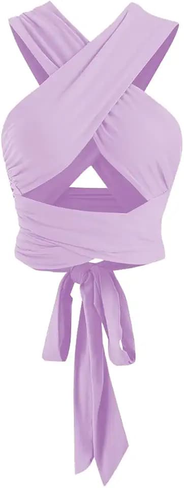 ZAFUL Womens Ribbed Halter Crop Top Ruched Lace-up Cropped Cami Bandana Top Criss Cross Wrap Print Tank Top