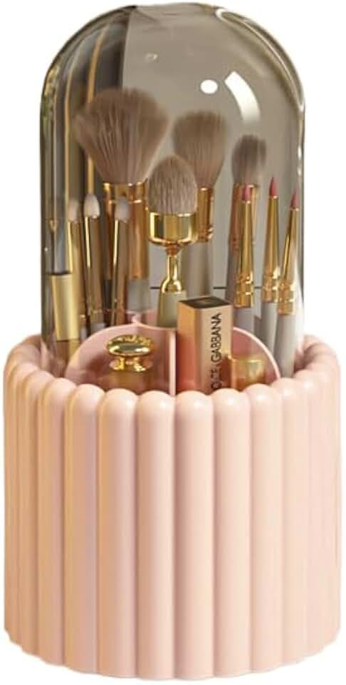 Makeup Brush Holder with Dustproof Lid, 360 Rotating Makeup Organizer for Vanity, 7 Slots Large Capacity Spinning Cosmetic Brushes Storage Box for Dresser, Bathroom Countertop, Pink