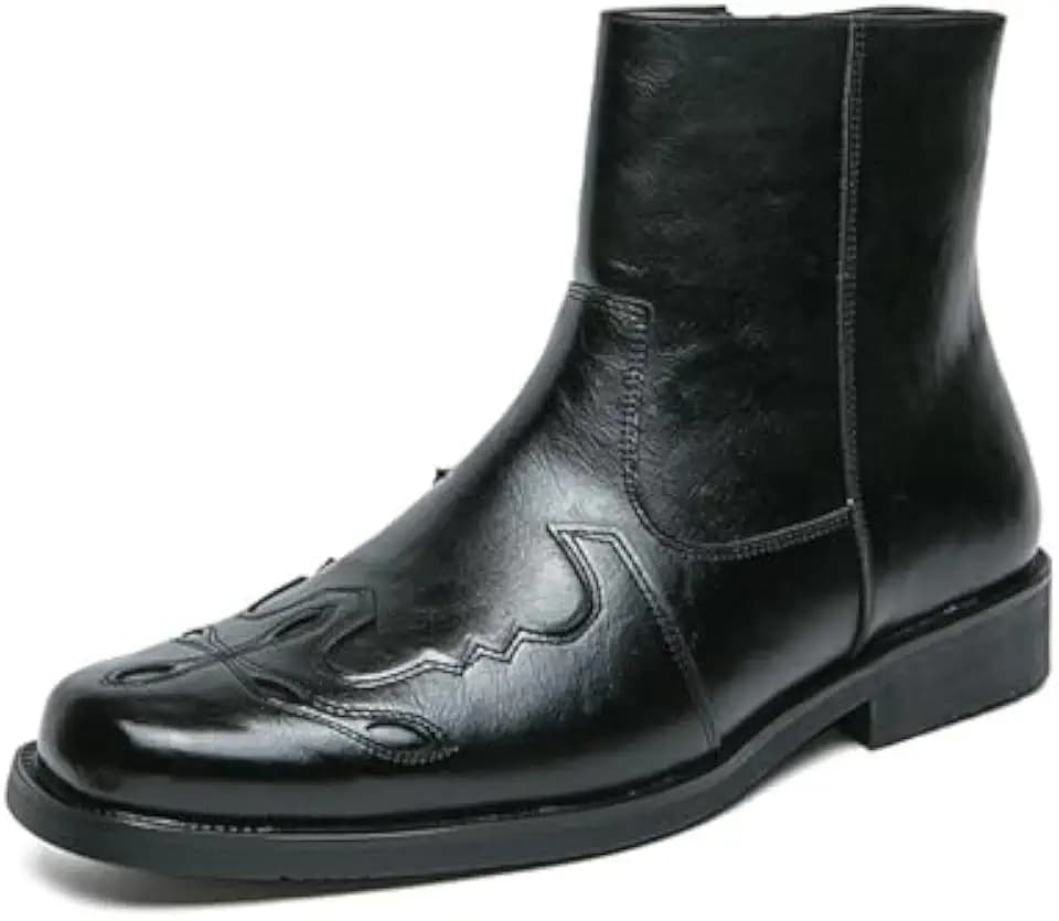 Men'S Cap Square Toe Chelsea Boots with Side Zipper Chunky Heel Non Slip Slouchy Western Dress Mid Calf Ankle Bootie for Outdoor Motorcycle Combat