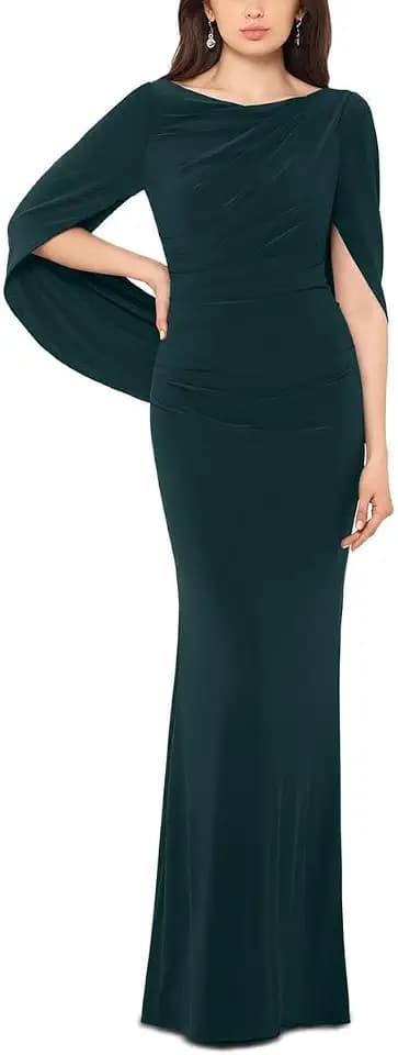 Betsy & Adam Women's Long Stretchy 3/4 Sleeve Cowl Neck Drape Back Gown