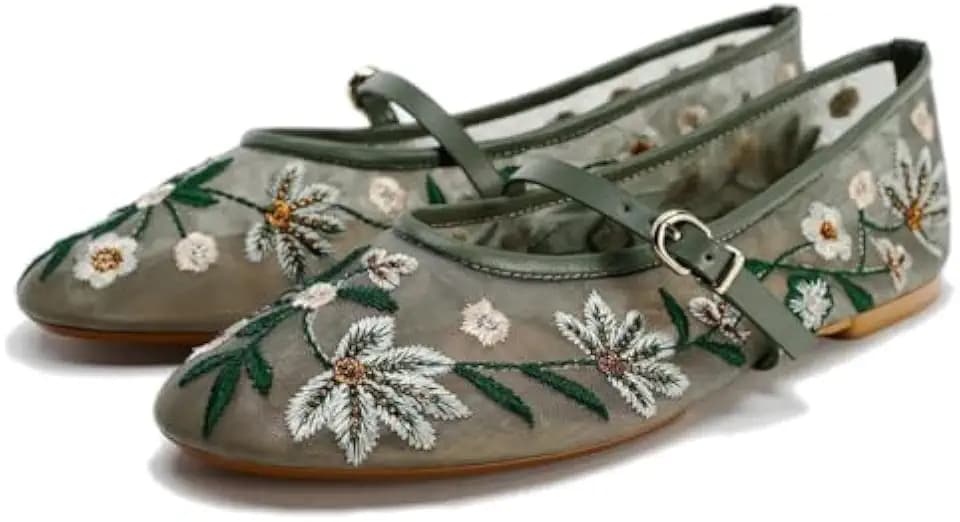 Mesh Ballet Flats for Women Embroidered Floral Mary Jane Flats Round Toe Slip On Ballerina Shoes Comfortable Casual Daily Dress Flat Shoes