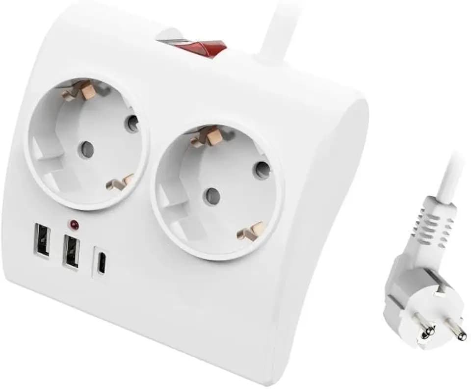 Steckdosenleiste – Steckdosenleiste mit 2 Shucko, 2 USB-a und 1 USB-C-Anschluss, ideal zum gleichzeitigen Laden mehrerer Geräte.