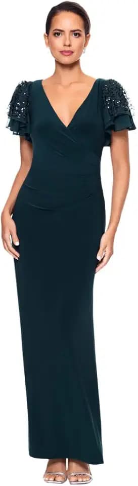 Betsy & Adam Women's V Neck Long Jersey Knit Dress with Short Sequin Flutter Sleeve & Side Slit
