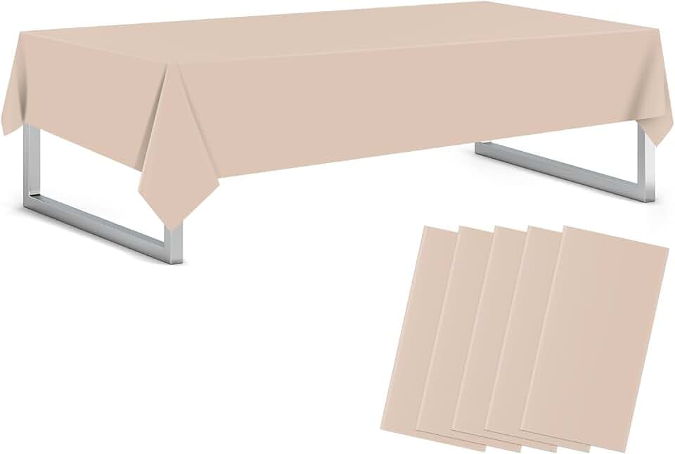 Beige 5 Pack 54 x 108 Inch Plastic Tablecloth Disposable Tablecloth for Rectangle Table, Party Plastic Table Cloth