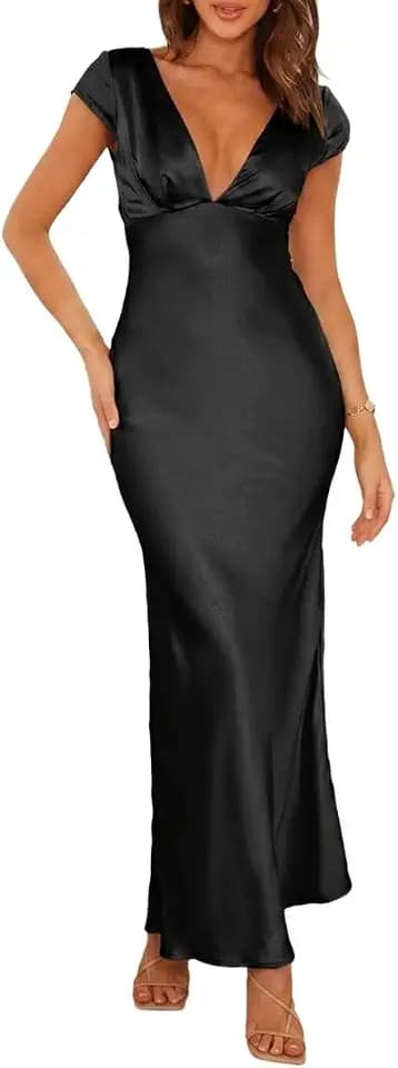 Halfisland Womens Summer Satin V Neck Cap Sleeve Midi Dress Wedding Guest