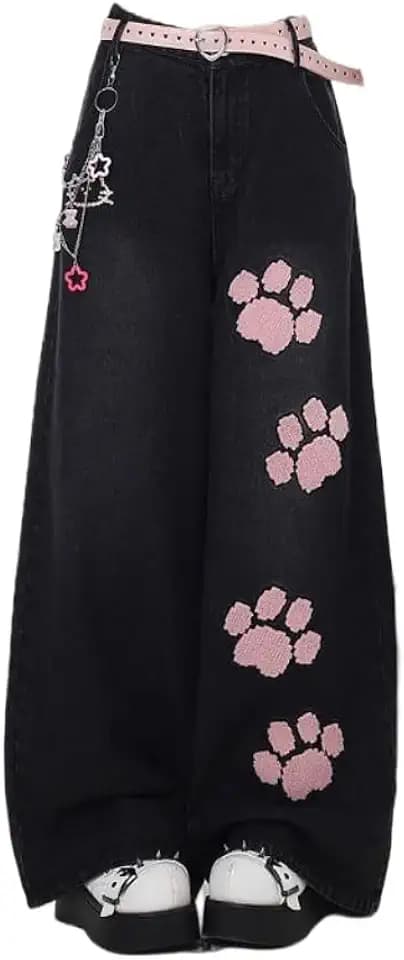 Y2k Kawaii Cat Paw Embroidery Wide Leg Jeans Vintage Hiphop Streetwear Preppy Sweet Loose Fit Casual Denim Pants