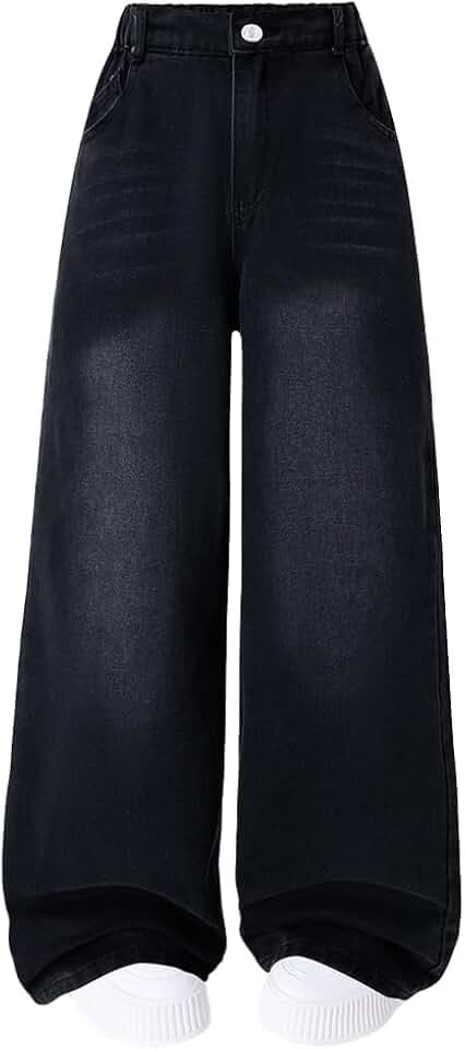 Nivne Tco Tween Boys Jeans Vintage Basic Black Loose Fit Zipper Fly Straight Leg Denim Pants with Four Pockets