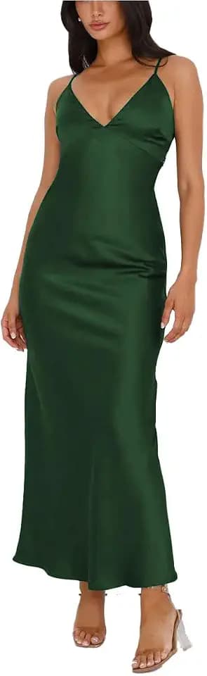 Summer Satin Spaghetti Strap V Neck Backless Midi Dresses for Women Wedding Guest Elegant Tie Back Cocktail Dress