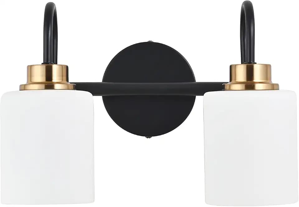 Modern Matte Black and Gold Bathroom Vanity Light Fixtures 2 Lights Milky Glass Wall Sconce Light Modern Vanity Lights Over Mirror(Exclude E26 Bulb)