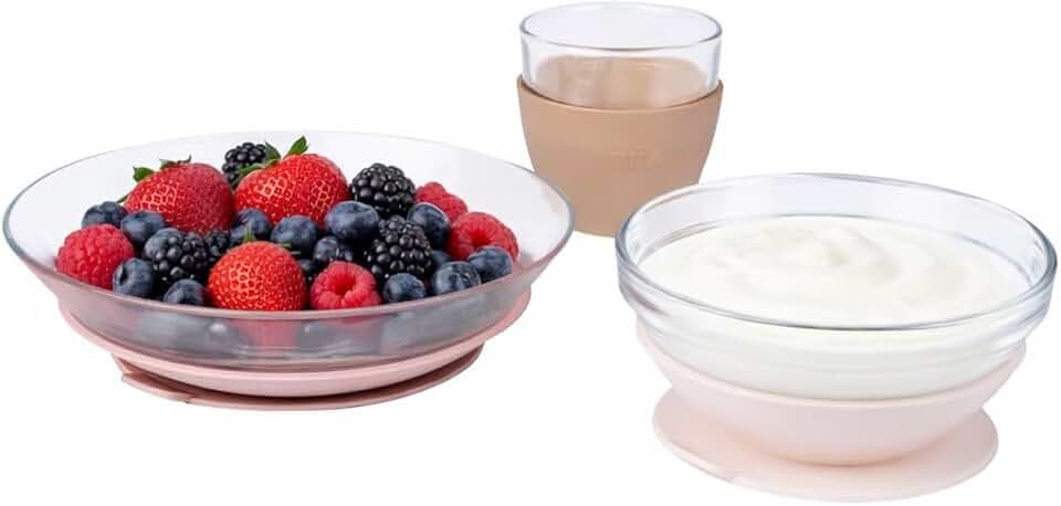 BÉABA & Duralex, Kinder Essensset Glas, Teller, Schale Und Becher Mit Silikon Saugnapf, Ergonomisch Und Evolutiv, Gesund, Langlebig, Made In France, Zuckerwatte