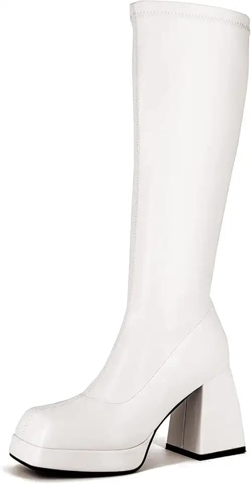 STALOV Platform Gogo Boots for women Knee High Square Toe Tall Boots Block Chunky Heel Stretchy Leather Long Boots