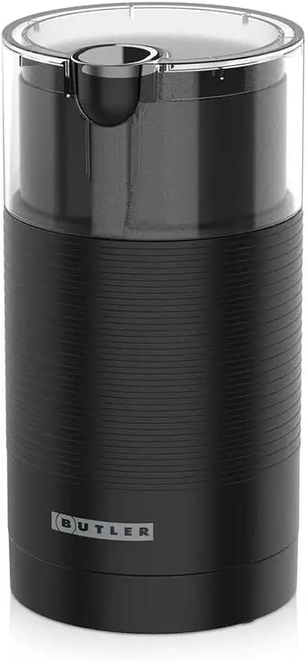 Butler Kaffeemühle, Gewürzmühle, Kaffeemühle Elektrisch, Coffee Grinder, Mühle, Elektrische Kaffeemühle - 150W - mit Edelstahlmahlwerk - 70g Mahlbehälter - Schwarz - für Espresso und Lungo