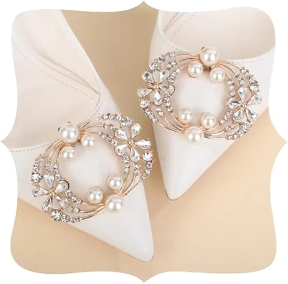 Chargances 1 Pair Gold Pearl Crystal Shoe Clips Wedding Flower Detachable Shoe Buckle Sparkly Bridal Rhinestone Shoes Decoration for Women