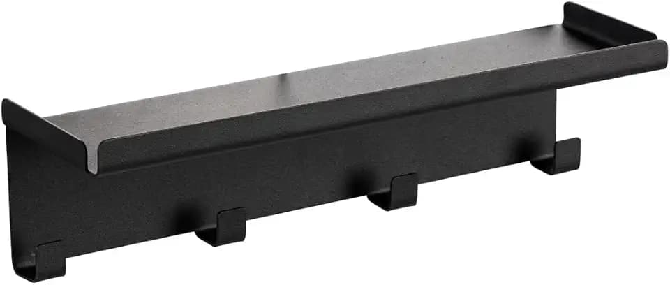 WENKO Magnetische Hakenleiste Mod. Ima aus Metall mit Ablage und 4 Haken für Grillbesteck und Küchentuch ohne Bohren Maße 30 x 6,5 x 9 cm Schwarz