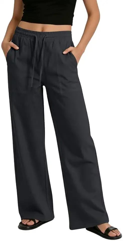 keriffe Womens Casual Linen Pants Drawstring Wide Leg Summer Beach Trousers