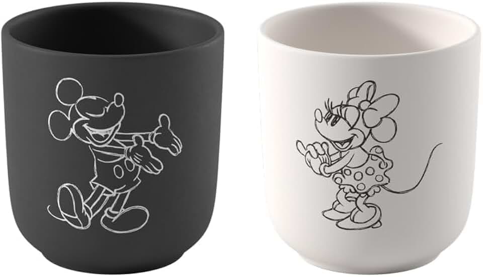 Villeroy & Boch Manufacture Rock – Mickey Mouse – Kaffeebecher, 2-teilig, schwarz/weiß, spülmaschinenfest & mikrowellensicher, Schieferoptik mit Disney Mickey Mouse Kreidedekor, Premium Porzellan