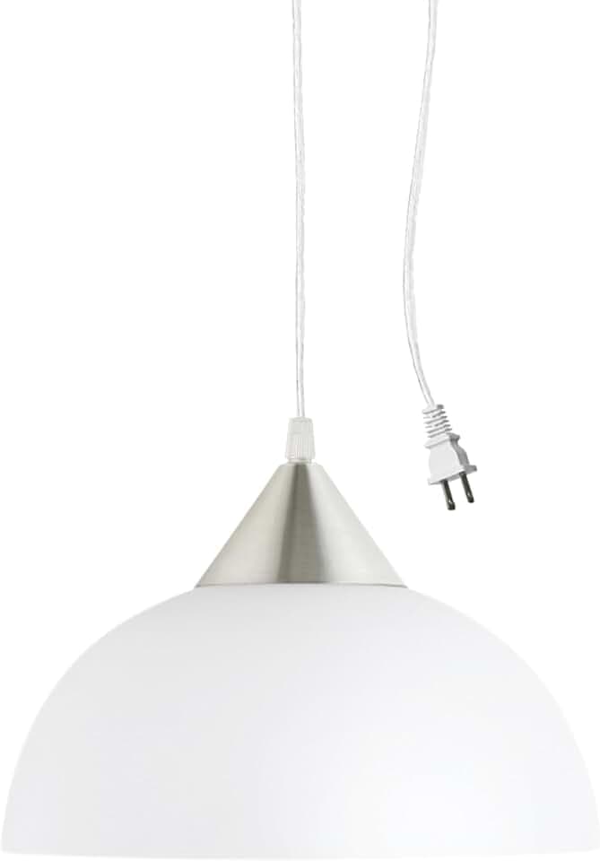 Globe Electric 64413 1-Light Plug-in Pendant, Brushed Steel, Frosted White Shade, 15ft Clear Cord, in-Line On/Off Switch, E26 Base Socket, Kitchen Island, Café, Hanging Light, Bulb Not Included