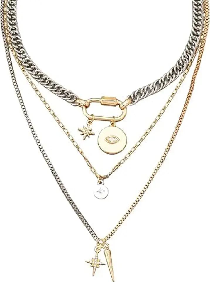 QCWN Gold Layered stacked Necklaces for women 3PS Chunky Statement Necklaces Stack Mixed Metal Charm Necklace for Women Trendy Coin Jewelry Gift for Her Gifts