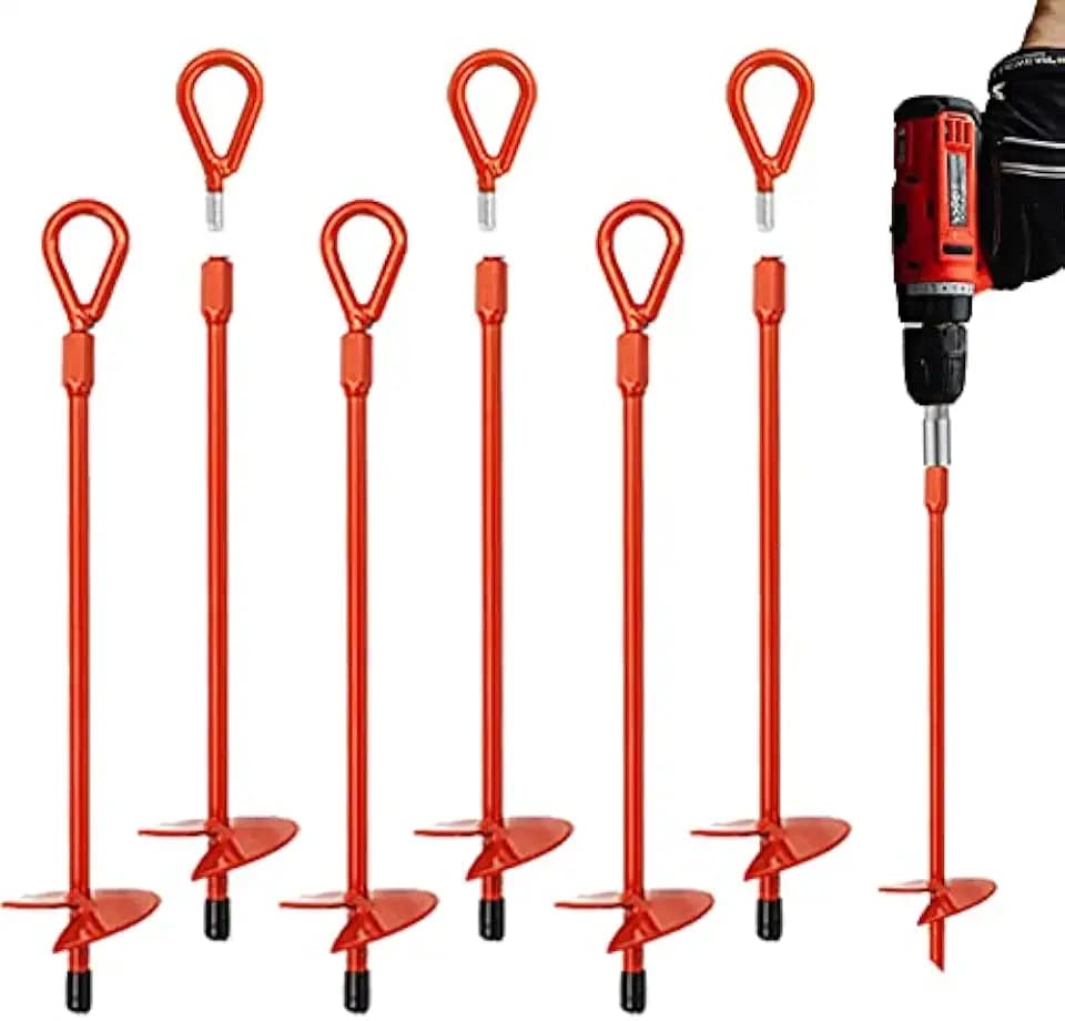 MAXCCINO 6 Pack 15" Ground Anchors Screw in with Drill, Heavy Duty 3" Wide Helix Spiral Earth Anchors for Camping, Tents, Sheds, Swing Sets, Car Ports, Canopies, Shelters, High Wind Trampoline Anchors