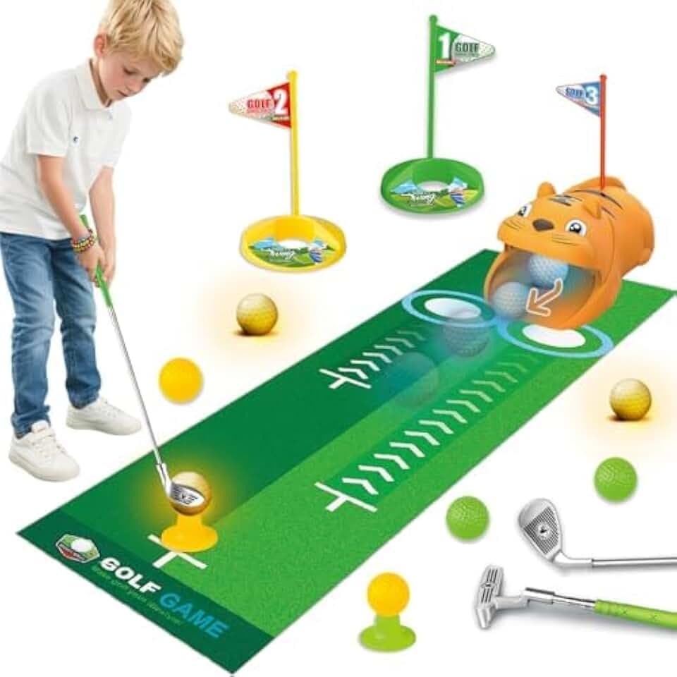 Verbesserte Minigolf Set für Kinder umfasst eine Golfmatte, 3 Golfschläger, 8 Bälle, 2 Übungslöcher und 3 Golffahnen. Minigolf-Spielzeug Kinder Jahren, das an jedem Ort verwendet Werden kann.