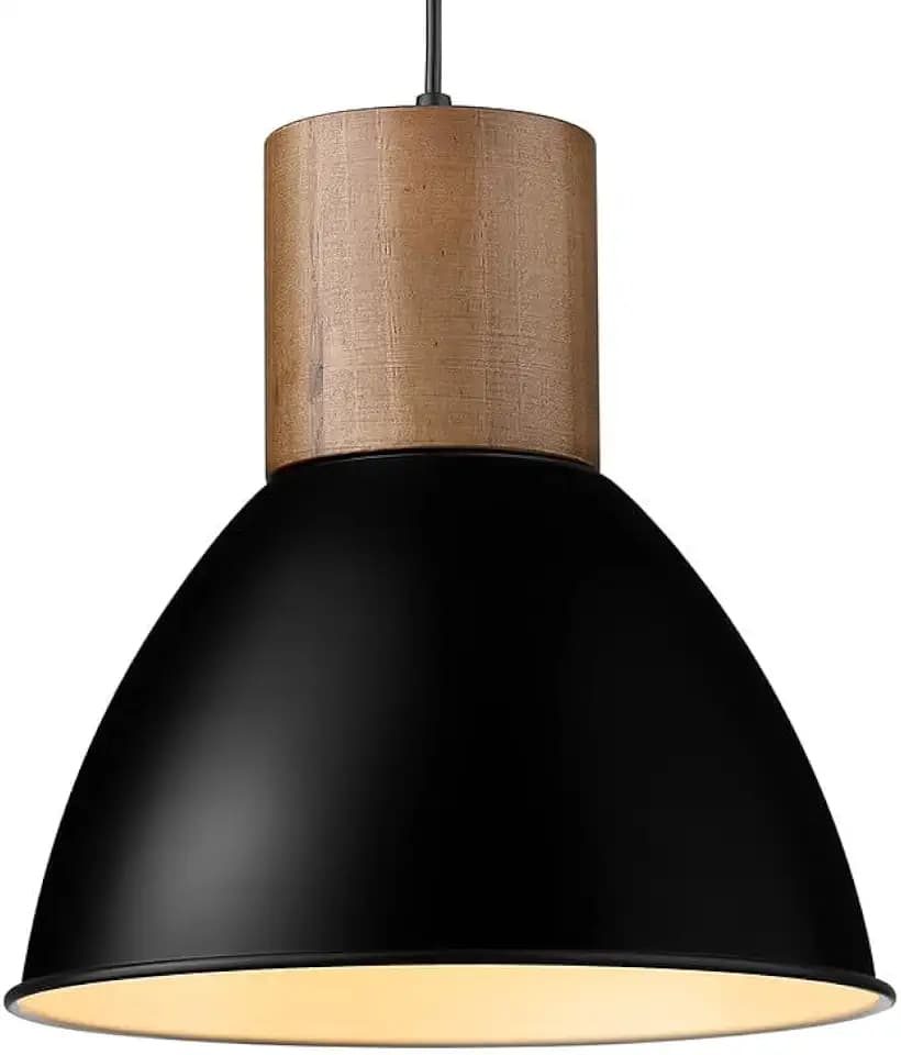 ELYONA Solid Wood Metal Pendant Light Fixtures, Industrial Hanging Lamp, Adjustable Length, 11.6" Modern Farmhouse Bar Pendant Lighting for Kitchen Island,Dining Room,Living Room, Black & Brown