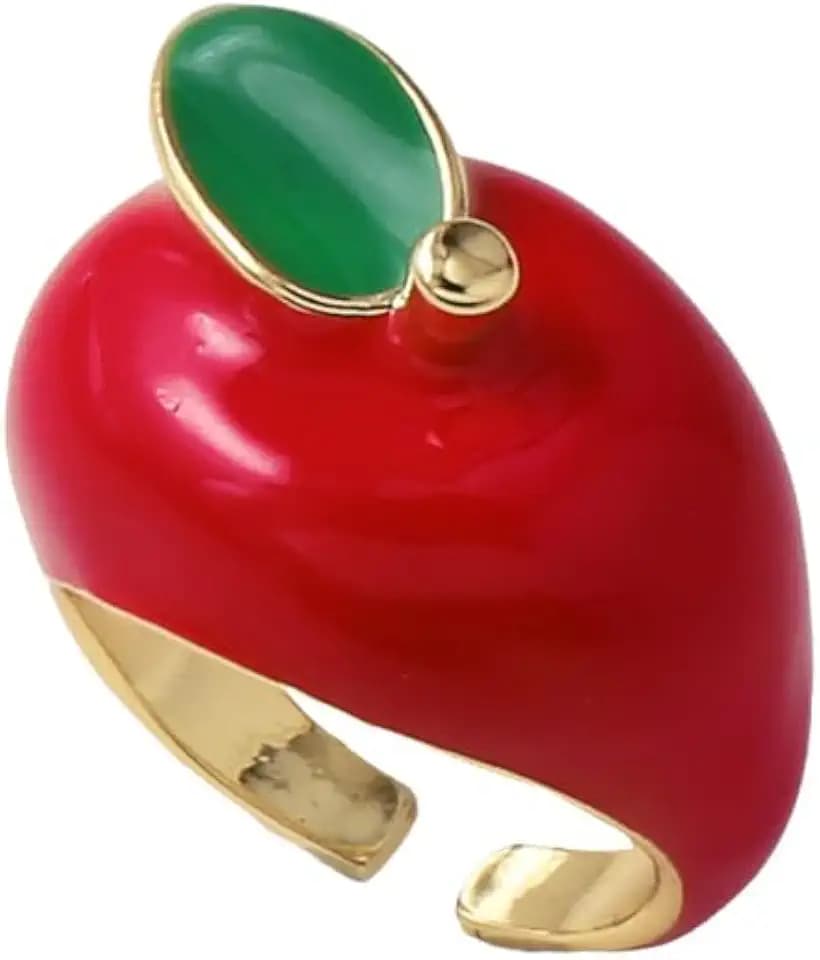 NewZenro Cute Enamel Apple Open Ring for Women Men Gold Plated Chunky Red Green Leaf Sweet Food Furit Statement Finger Band Bead Ring Comfort Fit Christmas Eve Jewelry Size 7.5