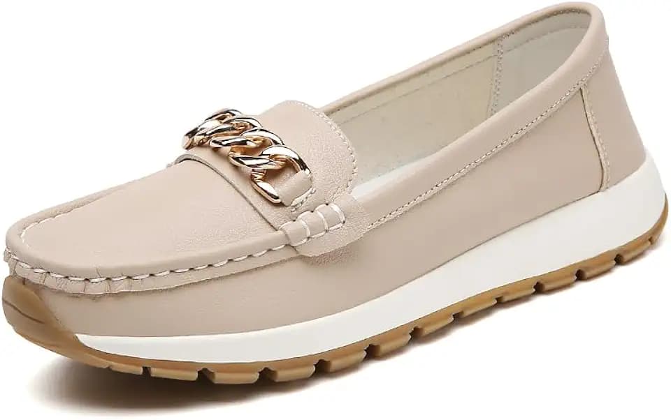 Women's Chunky Loafers for Women Comfortable Slip On Moccasins Lightweight Walking Driving Shoes with Gold Chain