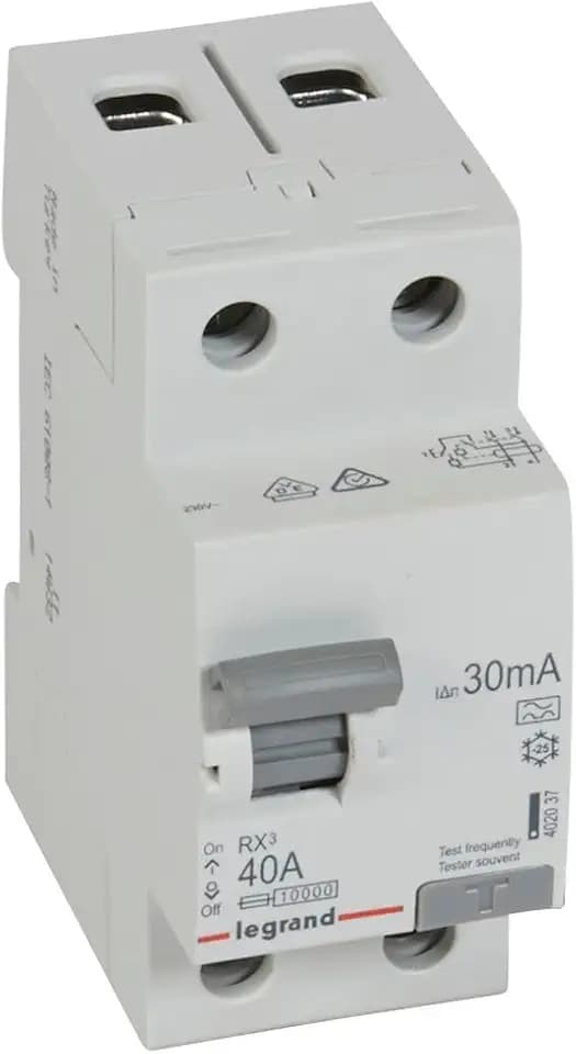 LEGRAND, RX3 Fehlerstromschutzschalter 40A, 2-polig, 30mA, Typ A, 230 VAC, 2 TE, FI-Schutzschalter, RCCB, für Wechsel- und pulsierende Gleichströme, Befestigung auf Hutprofilschiene EN 60715, 402037