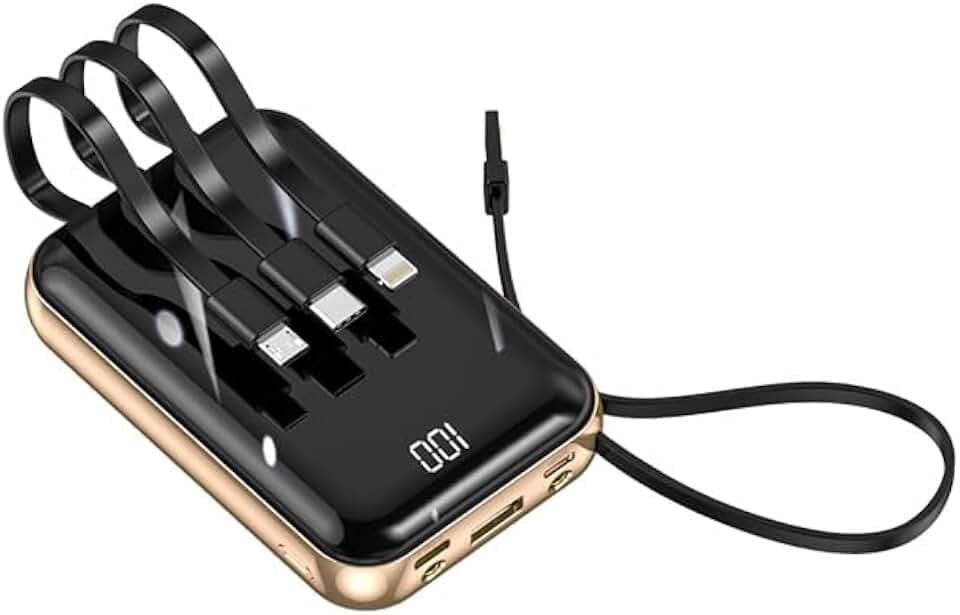 Smart·J DX458 Power Bank 10.000 mAh mit integrierten USB-C-, Lightning- und Micro-USB-Kabeln, digitales LED-Display, Schnellladung 10 W, kompaktes Design aus ABS und Metall, für Smartphones, Phone