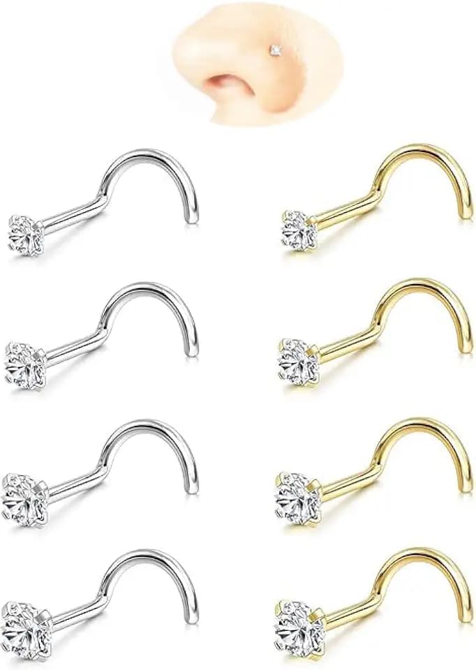 Nose Rings Studs: 8Pcs 20G/18G Gold/Silver 316L Surgical Stainless Steel Nose Studs Hypoallergenic Corkscrew Nose Piercing Stud Jewelry for Women Men Clear Cubic Zirconia Imitation Diamond Top Size 1.5mm 2mm 2.5mm 3mm