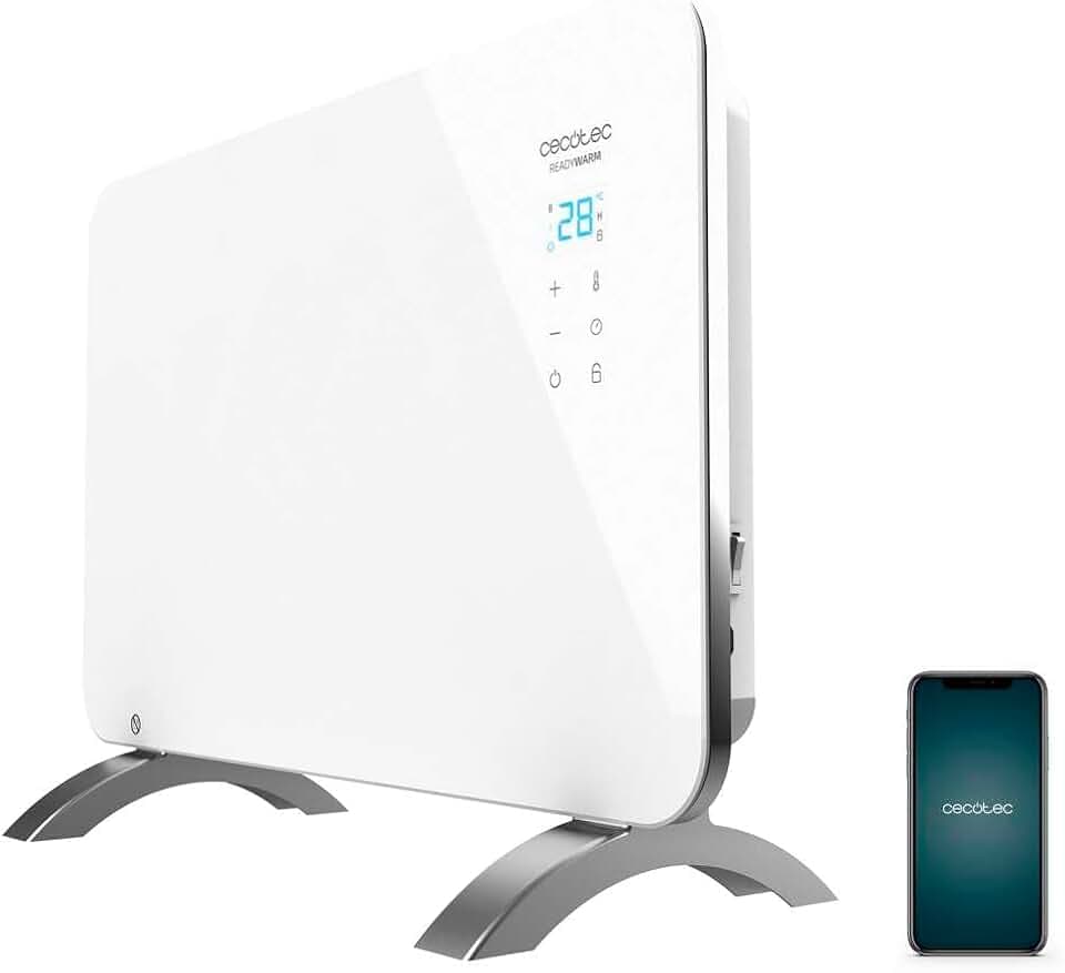 Cecotec Heizkonvektor mit Glasplatte Ready Warm 6650 Crystal Connection. 1000 W, WiFi-Steuerung , einstellbares Thermostat, Timer, Bodenständer, Geeignet für Badezimmer (IP24), Lautlos