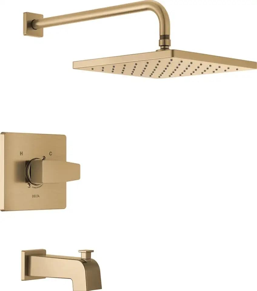 Delta Modern 14 Series Square Rain Bathtub and Shower Faucet Set, Rainfall Brushed Gold Shower Head and Handle Set, Valve Trim Kit, 10 Inch, Champagne Bronze T14468-CZ-PP (Valve Not Included)