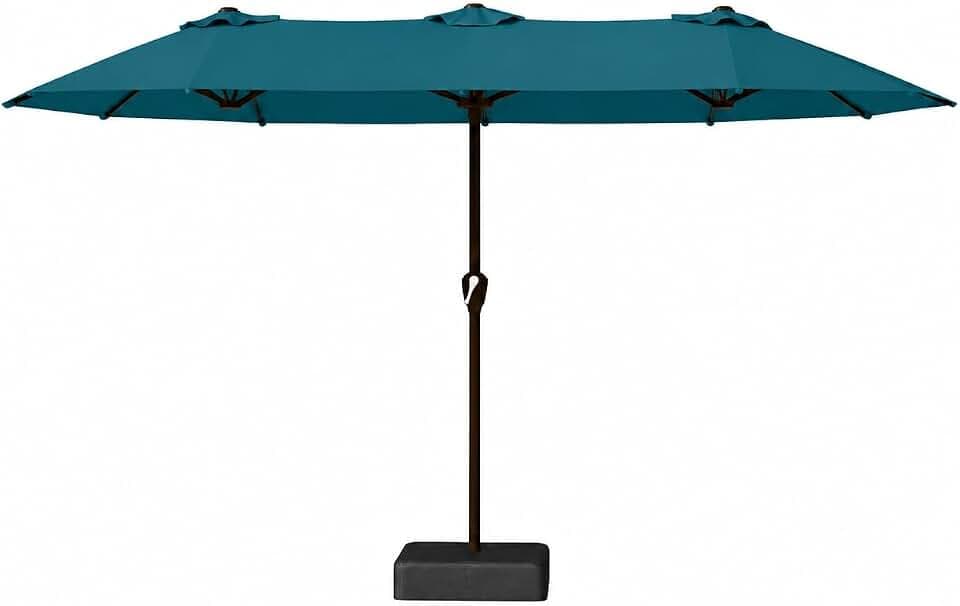 Kingdura 15ft Large Patio Umbrella with Base Included, Double-Sided Rectangle Outdoor Table Umbrella with 12 Reinforced Ribs, Crank Lift for Market Pool Deck Backyard, Lake blue