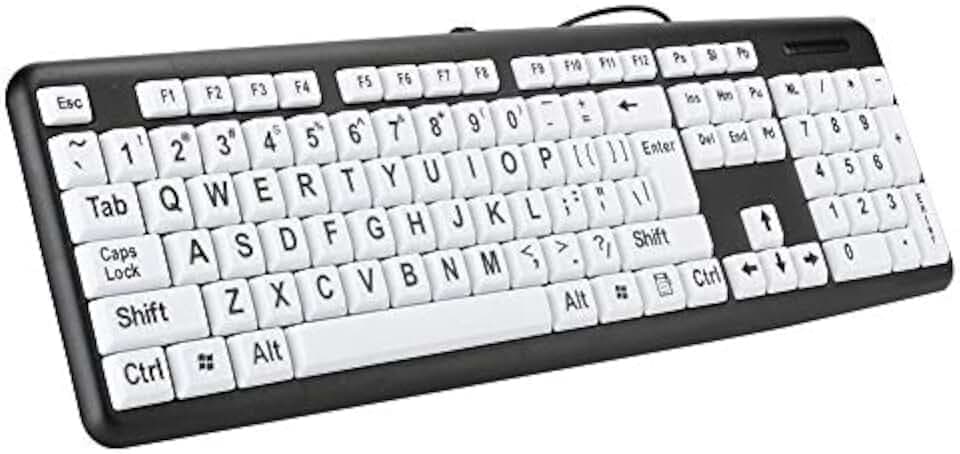 KIMISS Tastatur mit großen Tasten für Computer - USB verkabelt für Senioren und Sehbehinderte - Weiße Schriften auf schwarzem Hintergrund - Boogiio