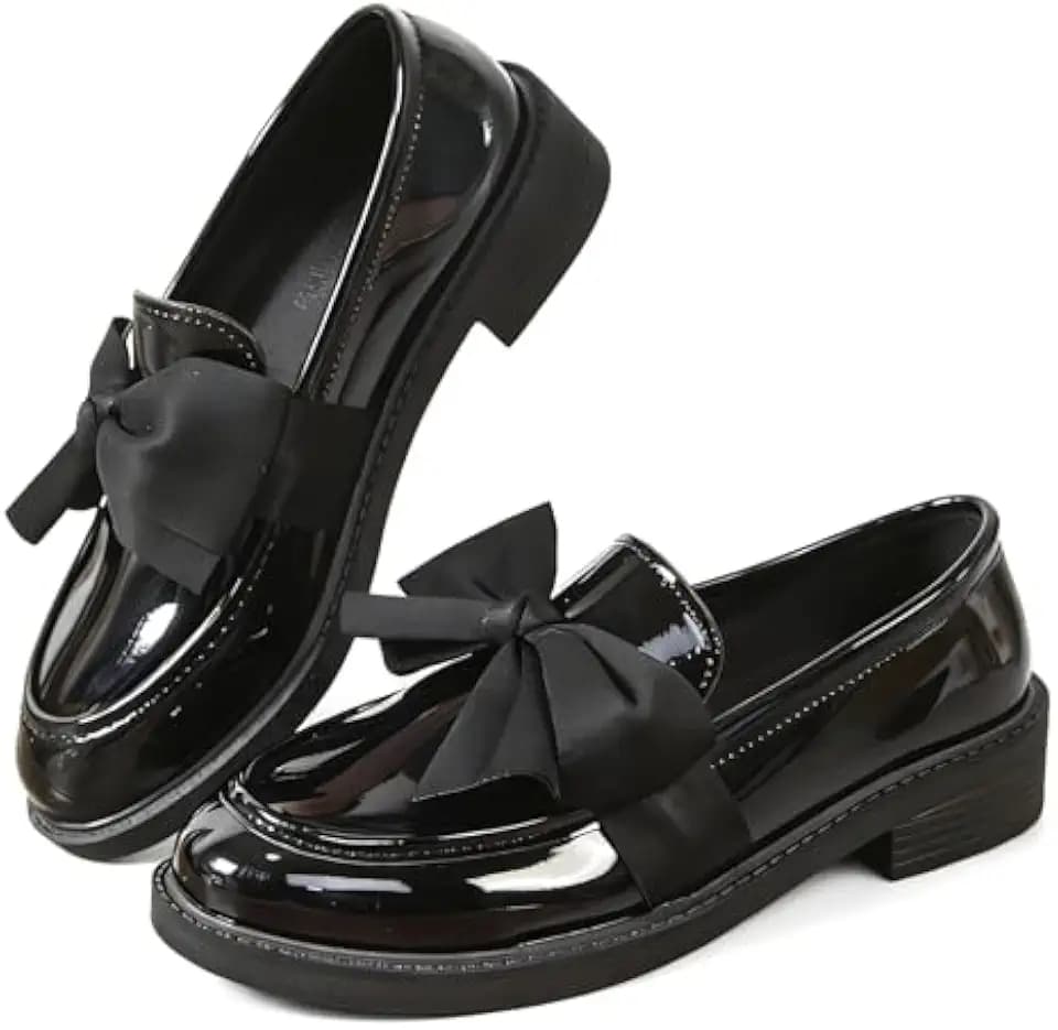 Patent Leather Bow Loafers for Women Comfort Round Toe Slip On Anti Slip Low Chunky Heel Penny Loafers for Work Daily Casual Dressy