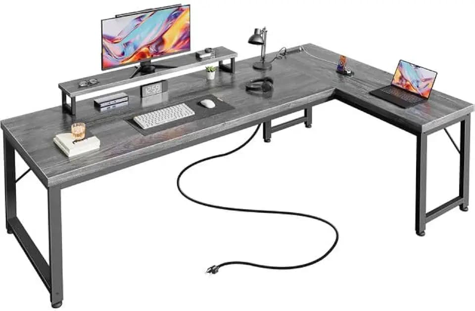 PRAISUN 53" L Shaped Computer Desk, Power Outlets, Monitor Stand, Grey