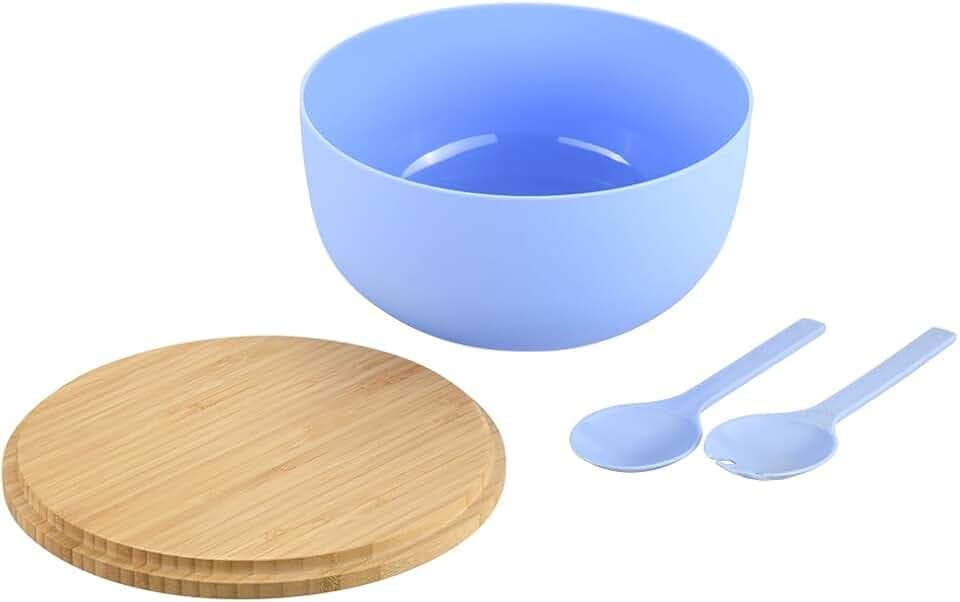 Kesper - Salatschüssel-Set, inkl. Salatbesteck, Material: Kunststoff (PP), Bambus, Maße: D 24 x H 13 cm, Farbe: Blau, Braun - 58472