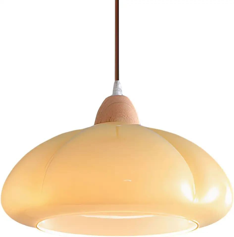 30cm Moderne Glas Pendelleuchte Holzbase E27 Fassung Höhenverstellbar Pendelleuchte für Wohnzimmer Schlafzimmer Küche Esszimmer Café (Cremegelb)