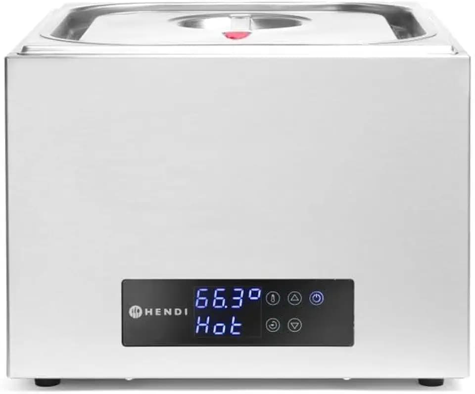 HENDI Sous-Vide Gerät, Sous-Vide Garer, mit 4-teiligem Abstandhalter, Vakuumierte Lebensmittel im Wasserbad, Temperaturbereich: 35°C bis 90°C, GN 2/3, 13L, 230V, 400W, 363x335x(H)290mm, Edelstahl