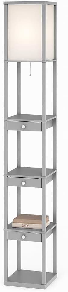 Urban Lifestyle Modern Grey Shelf Floor Lamp with Fabric Shade, Tall Standing Lamp with 3-Tier Storage Shelves, Pull Chain,Ideal for Living Room, Bedroom, Office