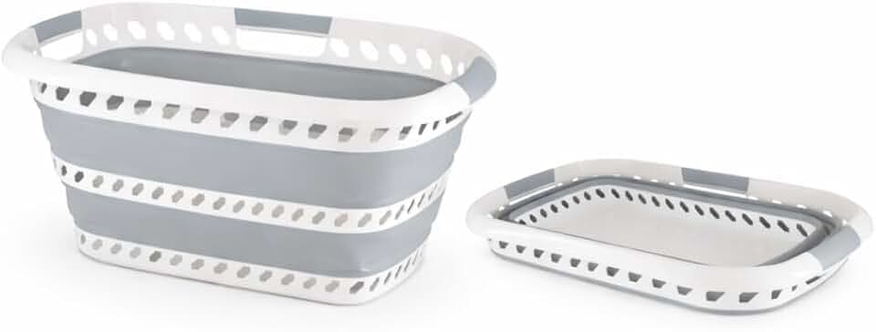 Laundry 360 Collapsible Laundry Basket 40L | Portable | Space Saver Storage | Hold 2 Loads | Store Under the Bed or Closet | Good for Kids | Dorm | Bedroom | Large | White/Grey