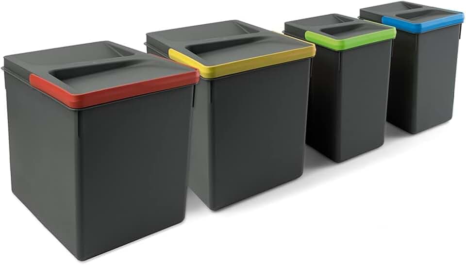 Emuca - Recycle Behälter für Küchenschublade, Höhe 266, 2x15L + 2x7L, Anthrazitgrauer Kunststoff, Kunststoff