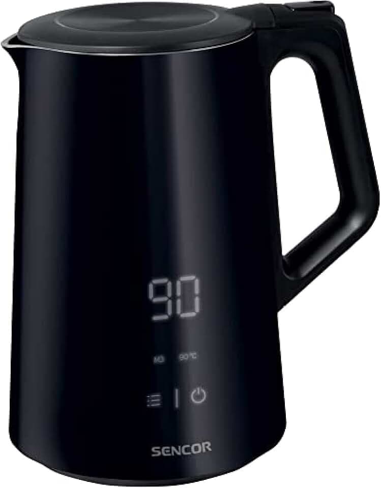 Sencor Wasserkocher Schwarz Leistungsstark, Cool Touch Oberfläche, Schutz vor Verbrennungen, BPA-frei, Wasserkocher mit Temperatureinstellung, LED-Anzeige, 1.5L, Edelstahl, 2200W, Warmhaltefunktion