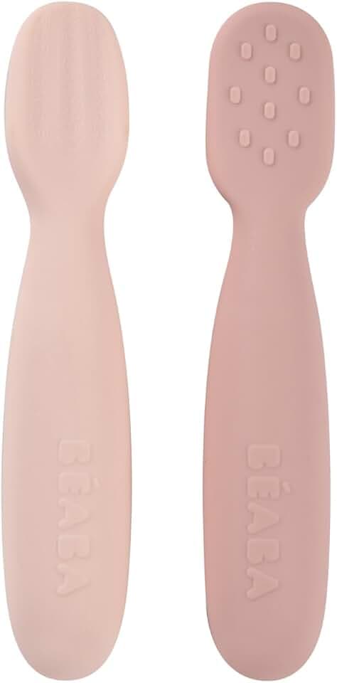 BÉABA, 2er-Set Babylöffel 1. Lebensjahr, Silikon-Pre-Löffel, Babybesteck, ab 4 Monaten, Ergonomische Form, Verschiedene Texturen, Ergonomischer Griff, Zuckerwatte/Marshmallow