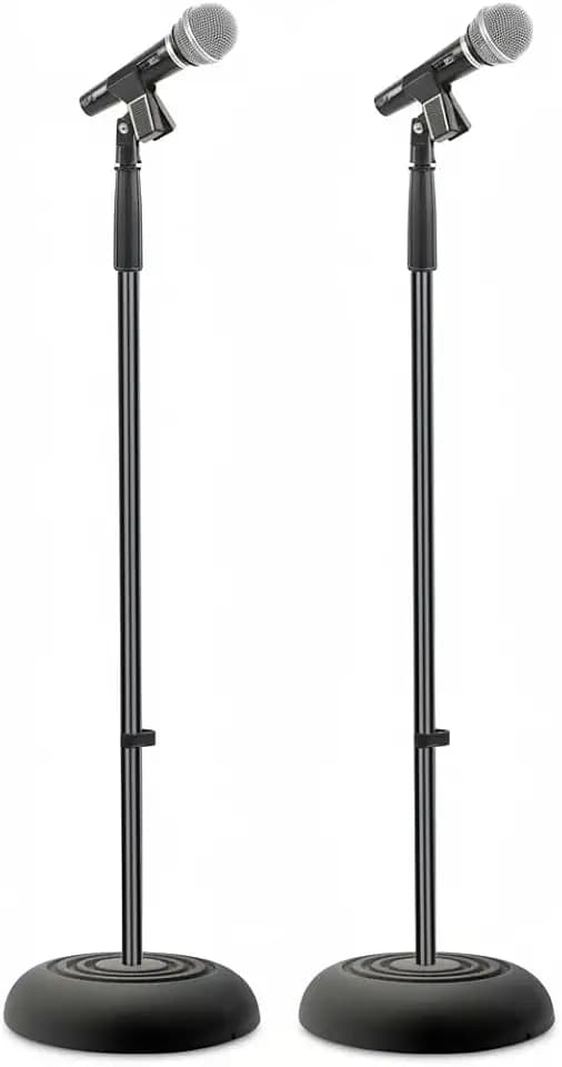 Pyle Universal Microphone Stand - Handheld Mic Compatible, Heavy Compact Base, Lightweight & Compact Design, 2.8 to 5 Ft Height Adjustable Clamp, Pivot Angle Clip, Home/Studio Use (Pair)