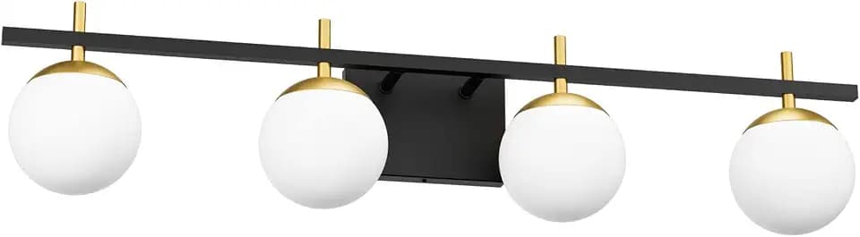 Ralbay Mid Century Modern Vanity Light Fixture 4-Light Milky Glass Modern Bathroom Vanity Lights Over Mirror, Black/Golden Modern Vanity Light for Bathroom Black and Gold 4 Light(Exclude Bulb)