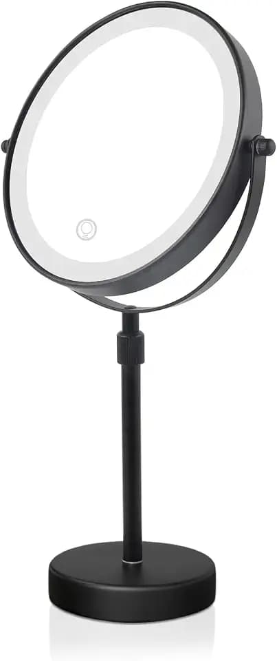 Nicesail Tischspiegel Höhenverstellbar Schwarz Schminkspiegel mit Beleuchtung Wiederaufladbar Kosmetikspiegel mit Vergrößerung 5X,Durchmesser 20cm