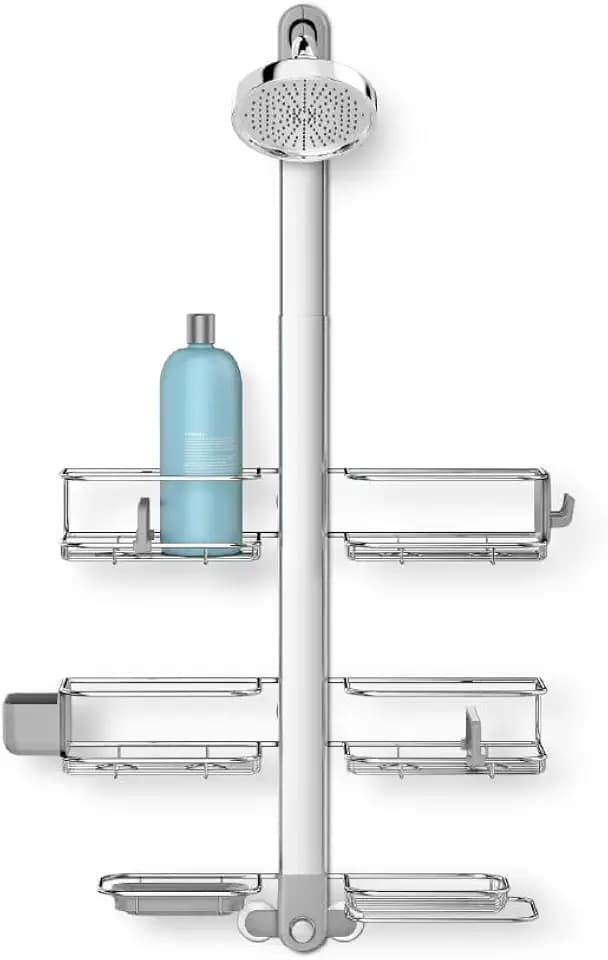 simplehuman X-Large Adjustable Hanging Shower Caddy, Handheld Showerhead Compatible, Family-Size Bathroom Organizer with 12-Inch Extended Neck, Adjustable Shelves, Rust-Proof Stainless Steel